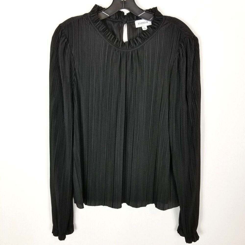 Evereve Women Whit Plisse Top Blouse Sz L Black Long Sleeve Party Office